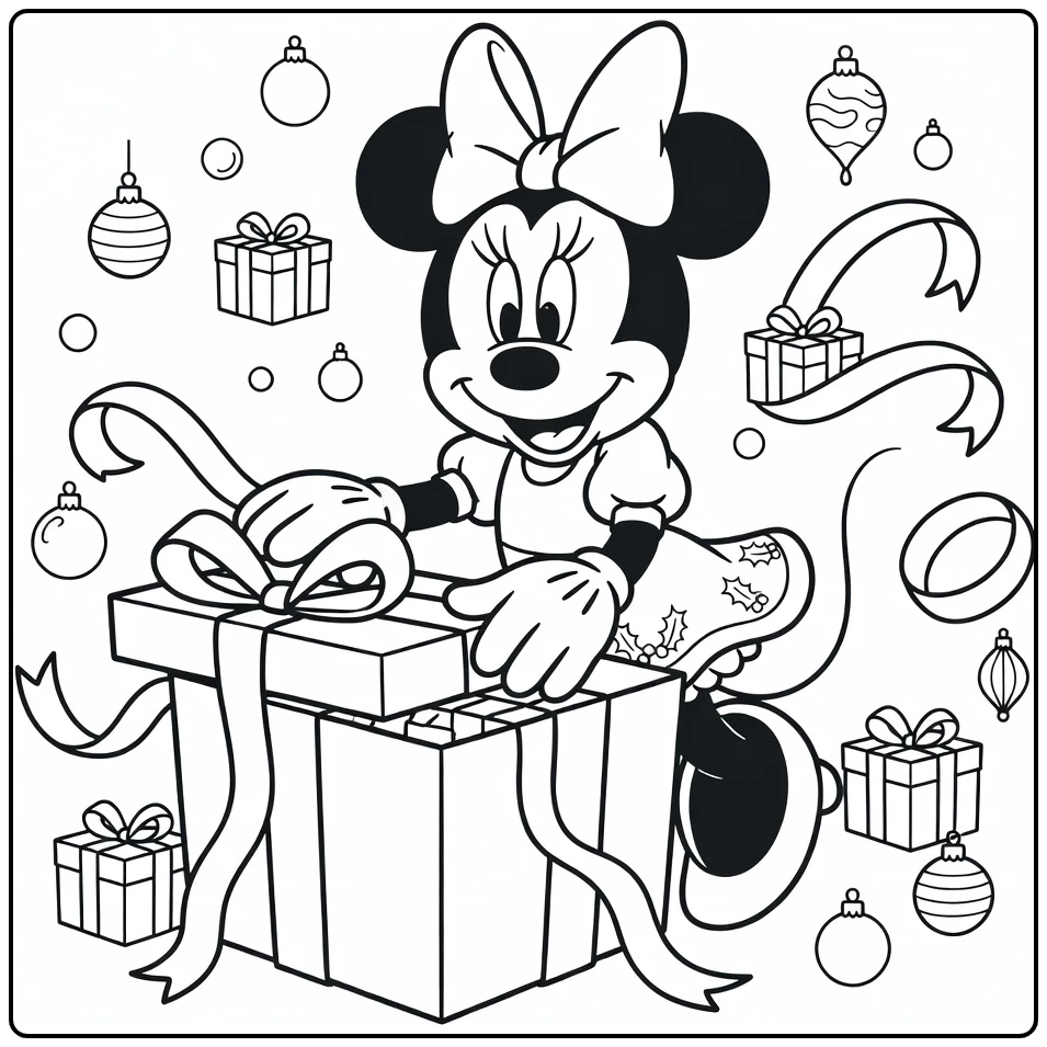minnie mouse kerst kleurplaat: cadeau openen vol vreugde