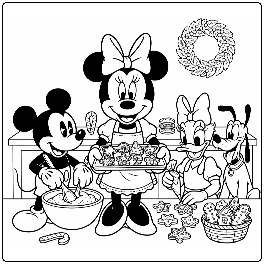 minnie mouse kerst kleurplaat: Minnie met koekjes, Mickey bakt