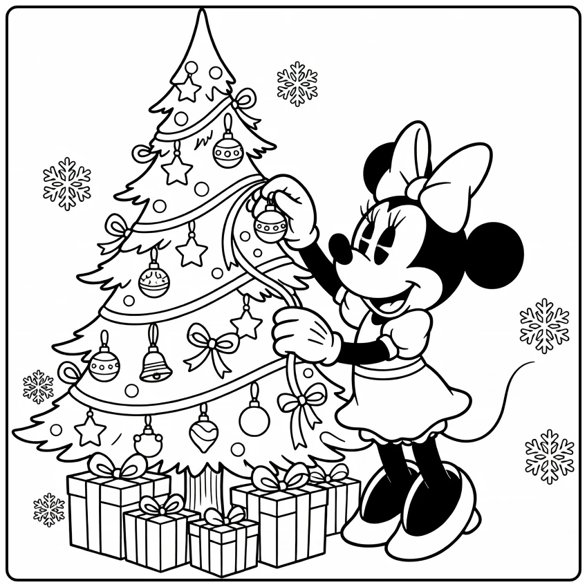 minnie mouse kerst kleurplaat: Minnie versiert kerstboom