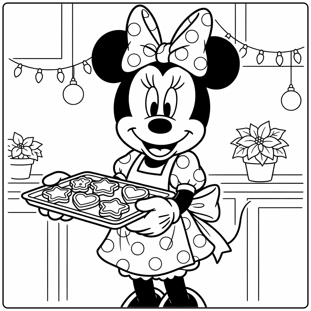 minnie mouse kerst kleurplaat met koekjes op dienblad