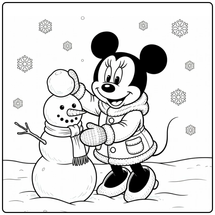 minnie mouse kerst kleurplaat: Minnie bouwt sneeuwman in jas