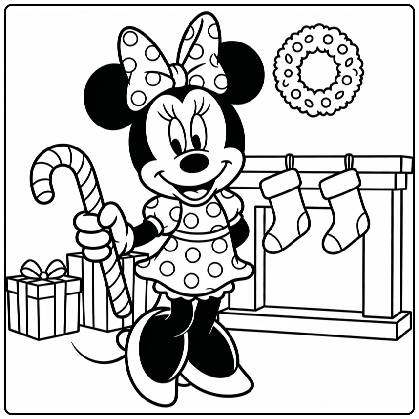 minnie mouse kerst kleurplaat met suikerstokje bij haard