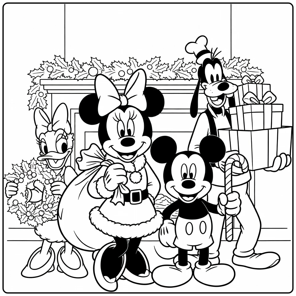 minnie mouse kerst kleurplaat met Mickey, Goofy en Daisy