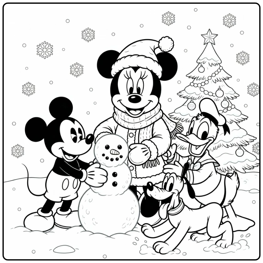 minnie mouse kerst kleurplaat sneeuwpop met Mickey Donald