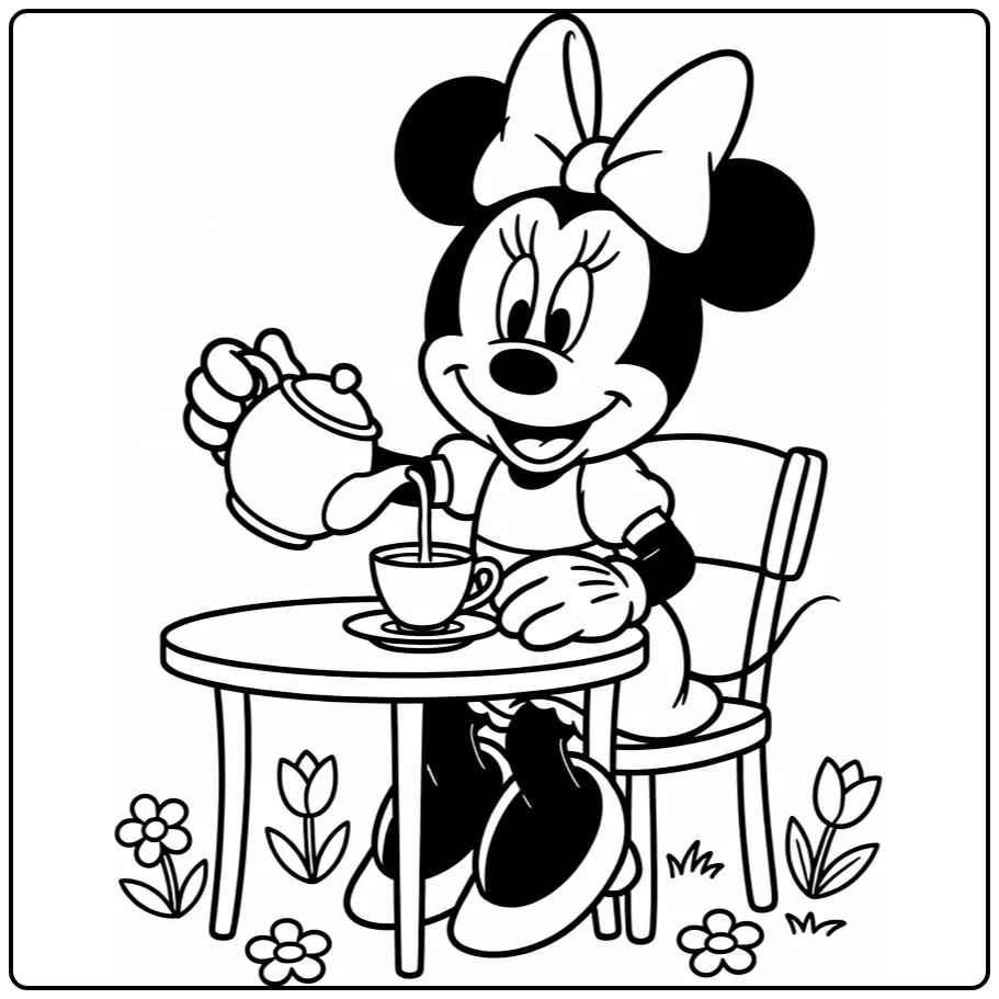 Minnie Mouse kleurplaat: vrolijk thee inschenken buiten