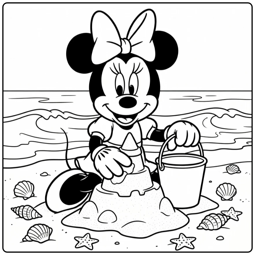 Minnie Mouse kleurplaat: bouwt zandkasteel op strand