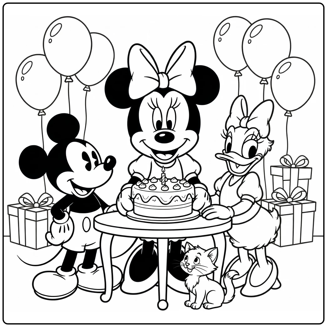 Minnie Mouse kleurplaat verjaardagstaart met Mickey Daisy