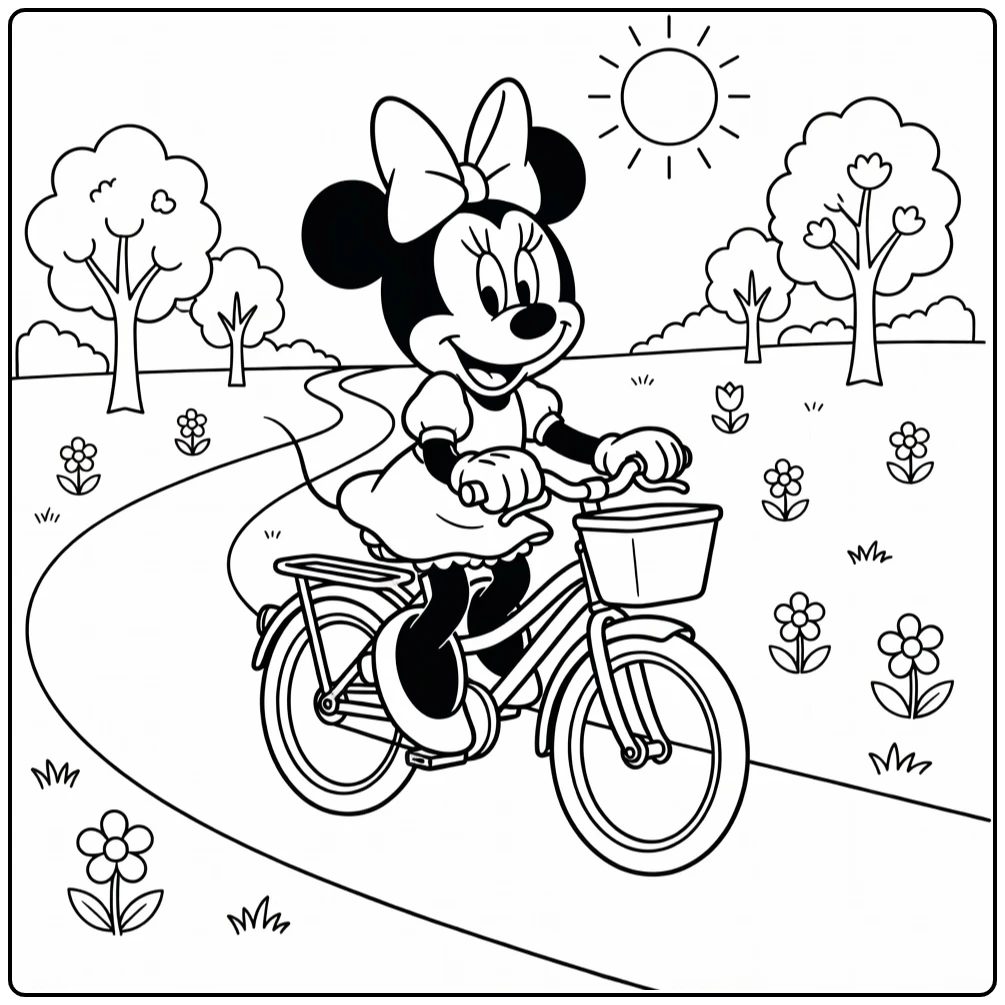 Minnie Mouse kleurplaat: op schattige fiets met mand