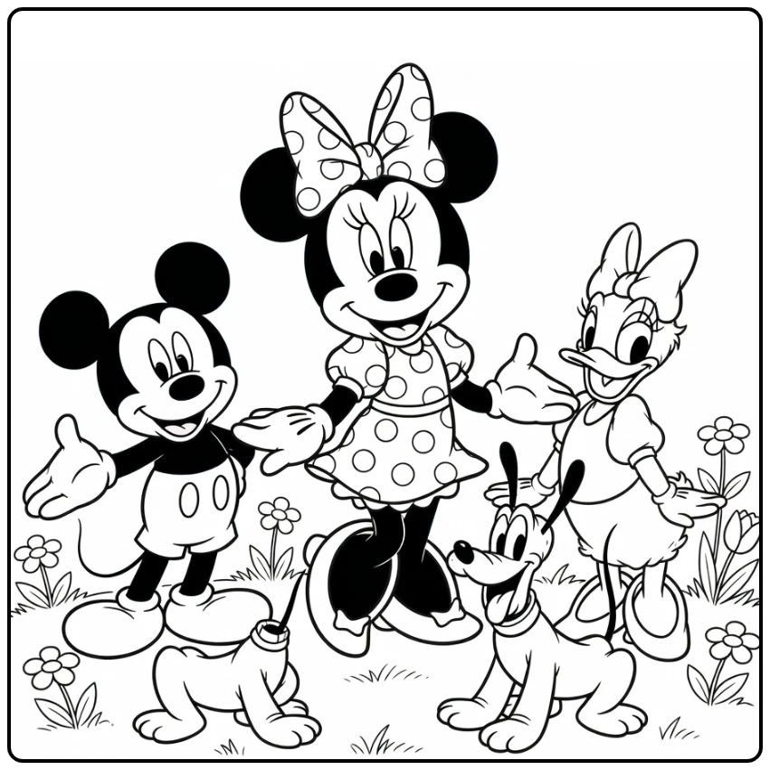 Minnie Mouse kleurplaat met Mickey, Daisy, Pluto in tuin