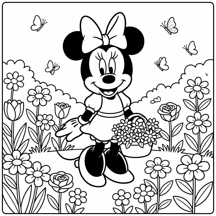 Minnie Mouse kleurplaat in bloementuin met madeliefjes