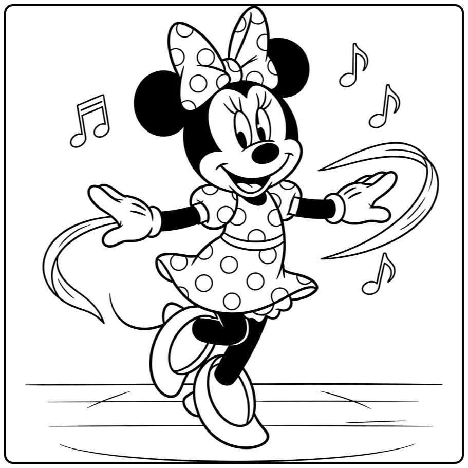 Minnie Mouse kleurplaat: dansende Minnie in stippenjurk