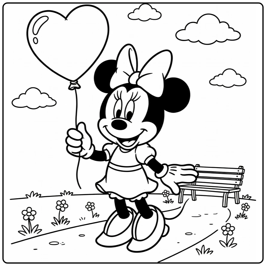 Minnie mouse kleurplaat met hartballon in park