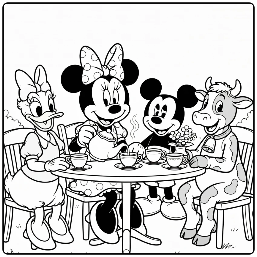 minnie mouse kleurplaat theepartijtje met Micky Katrien Klarabella