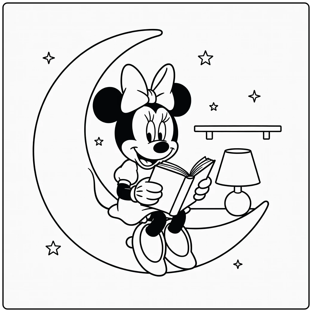 Minnie Mouse kleurplaat: leest boek op maanstoel met sterren