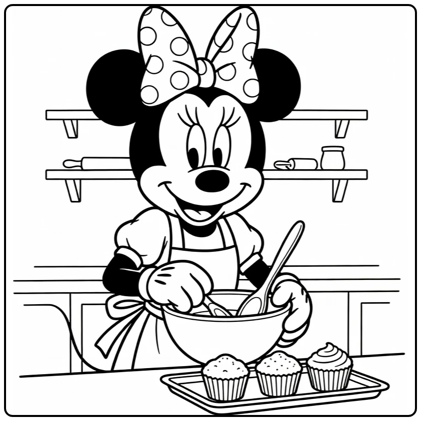 Minnie Mouse kleurplaat: bakt cupcakes in knusse keuken met schort