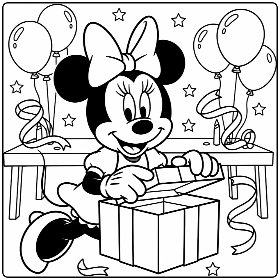 minnie mouse kleurplaat: Minnie opent blij cadeau met linten