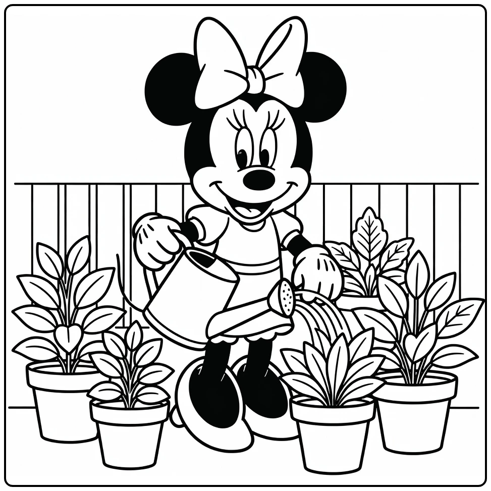 Minnie Mouse kleurplaat: Minnie giet potplanten op terras met gieter