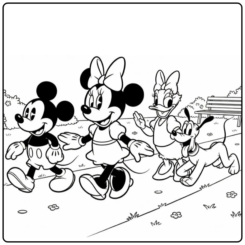 Minnie Mouse kleurplaat park met Mickey Daisy Pluto