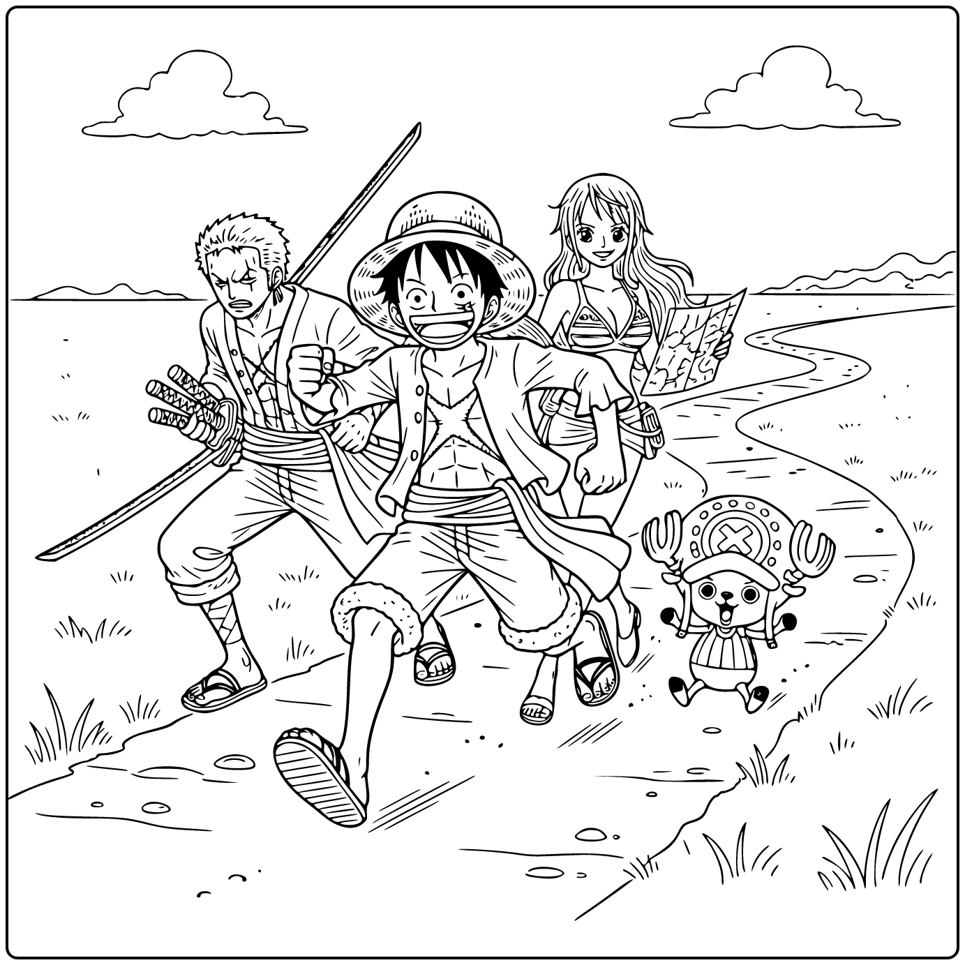 One Piece kleurplaat: Luffy rent enthousiast naar avontuur