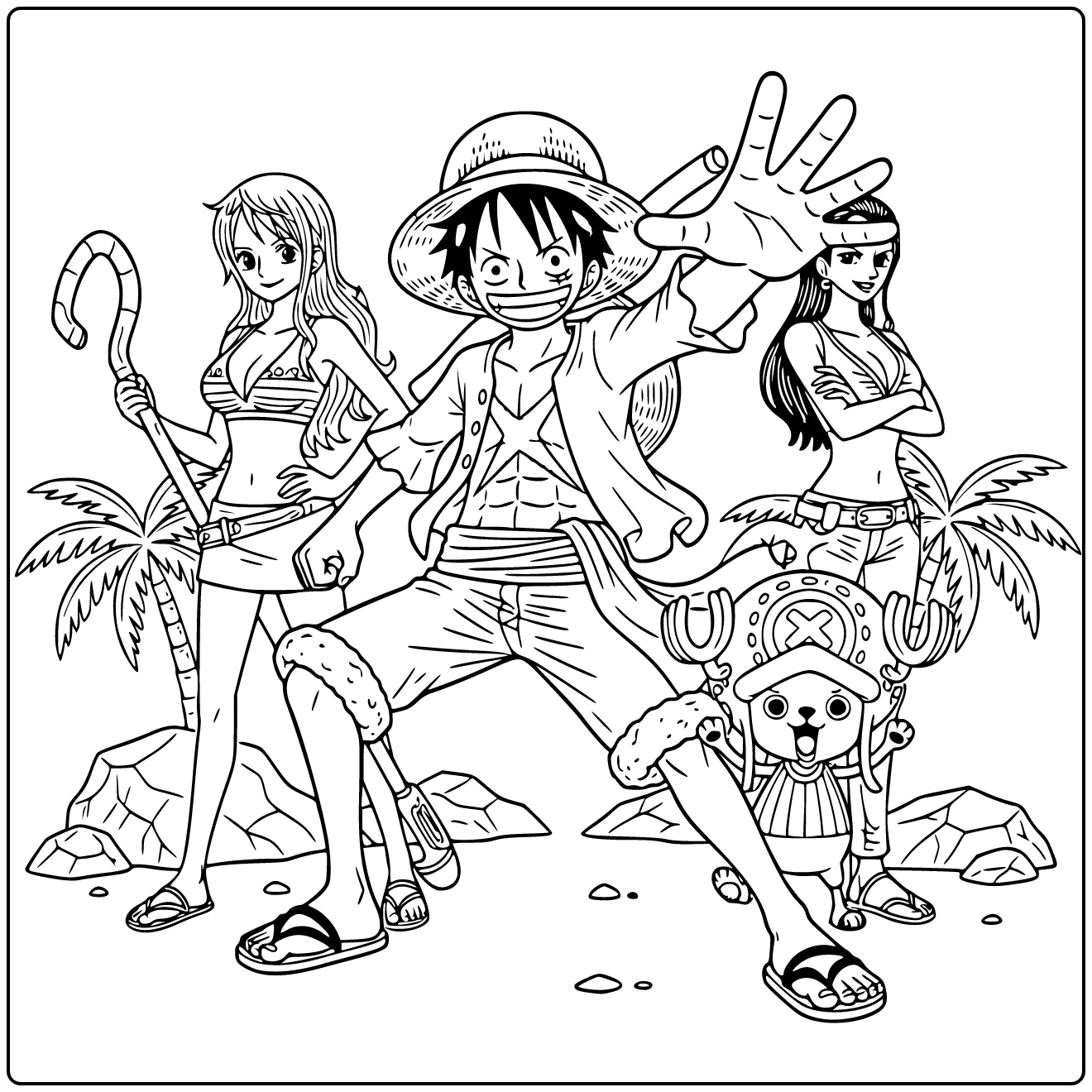 One Piece kleurplaat: Monkey D. Luffy reikt avontuurlijk vooruit