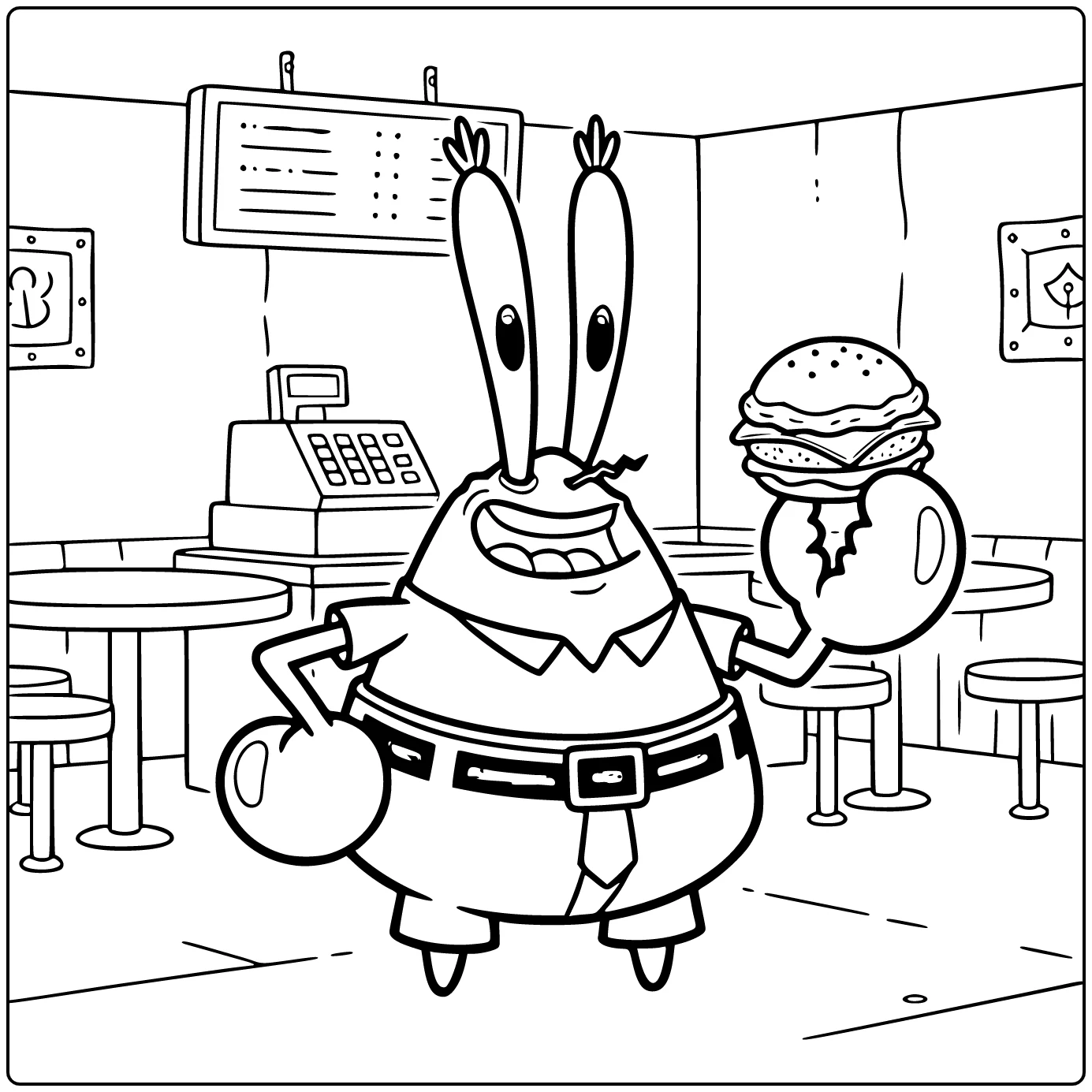 Mr. Krabs Kleurplaat: trots in Krabpot met Krabbenburger