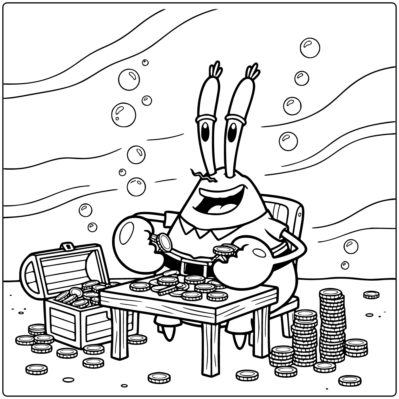 Mr. Krabs Kleurplaat: Blije Krabs telt munten bij schatkist
