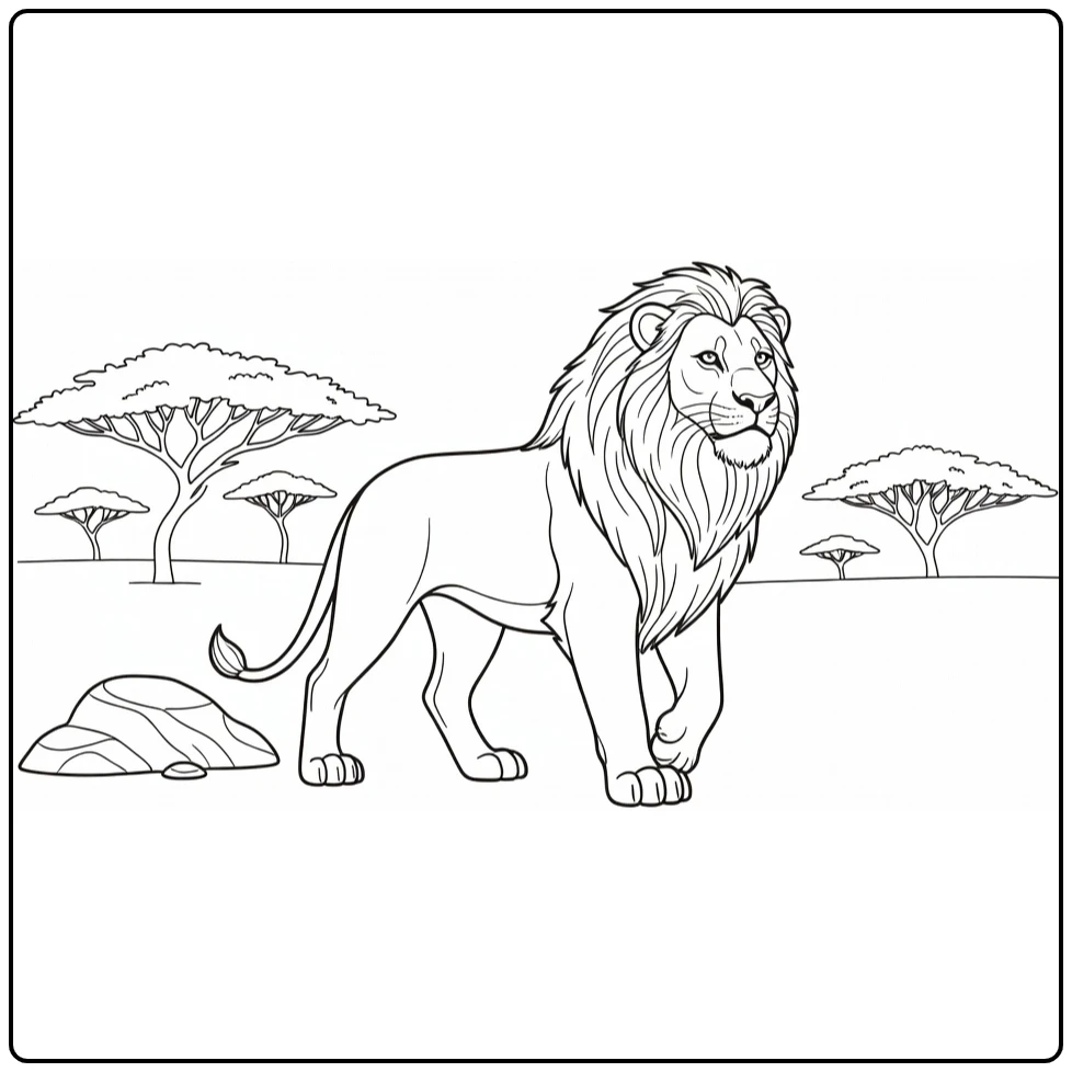 Mufasa kleurplaat: nobele leeuw loopt kalm door Pridelanden bij rots en acacia's