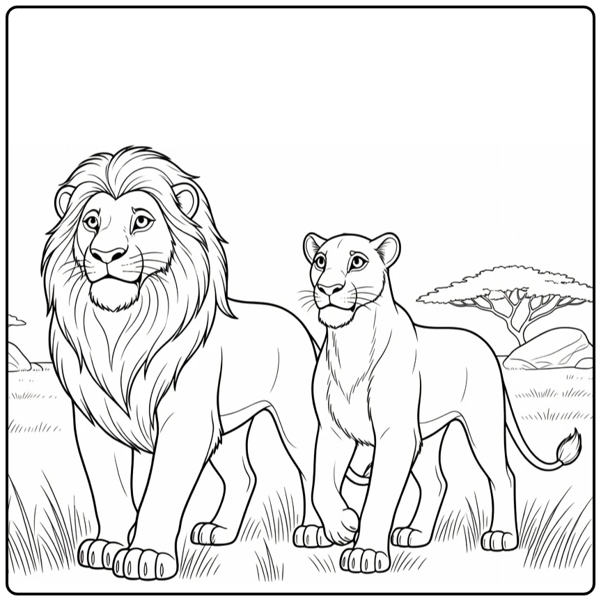 Mufasa kleurplaat: leeuwen wandelen gracieus door gras met rotsen