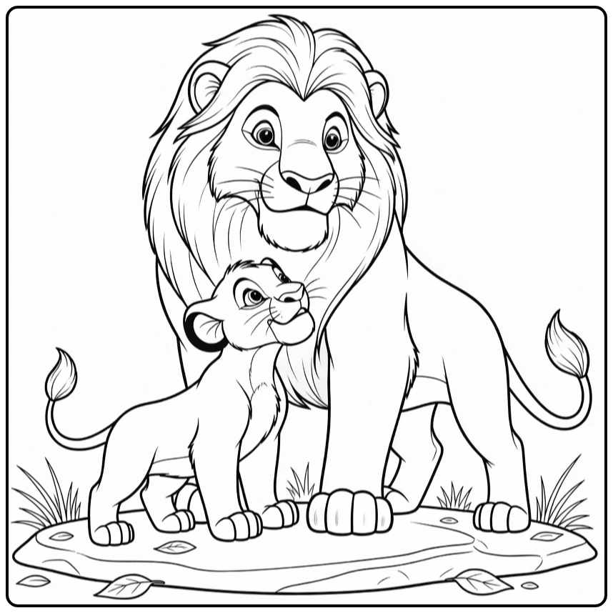 Mufasa kleurplaat: Mufasa kroelt jonge Simba op rots