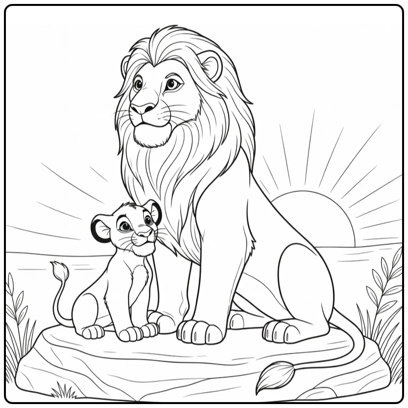 Mufasa kleurplaat: Mufasa en Simba op rots bij zonsopgang