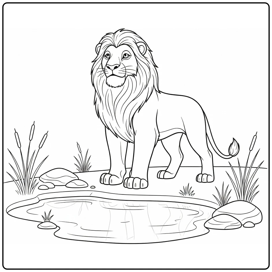 Mufasa kleurplaat bij waterpoel met reflectie (48 karakters)