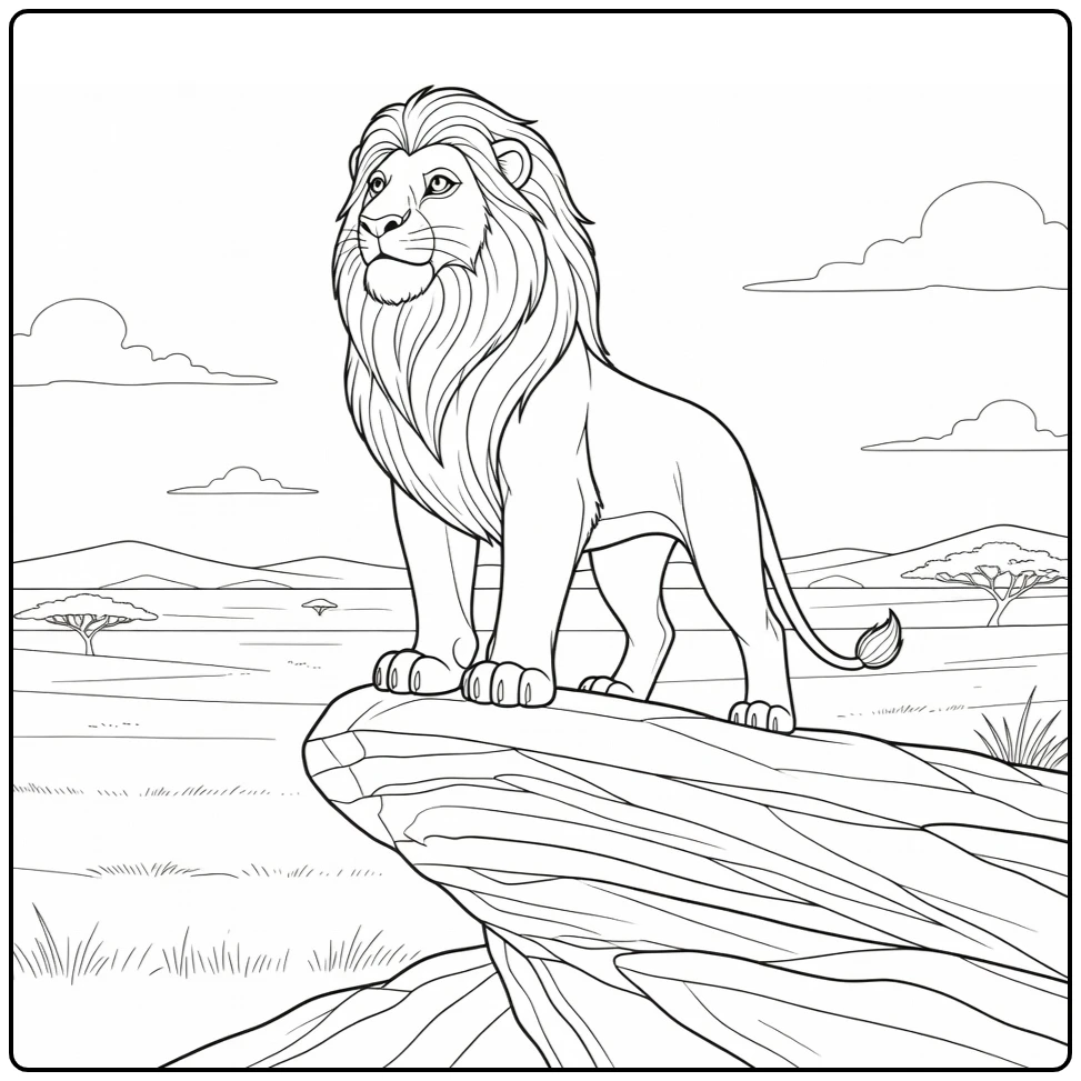Mufasa kleurplaat: trots op Trotsrots met savanne