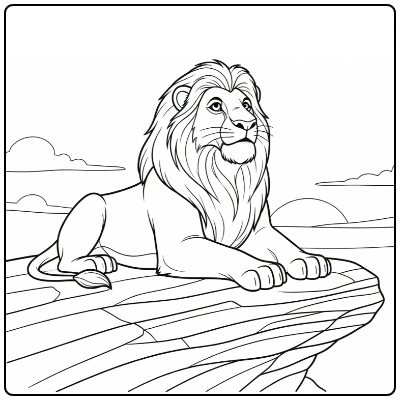 Mufasa kleurplaat: rustend bij Trotsrots zonsondergang