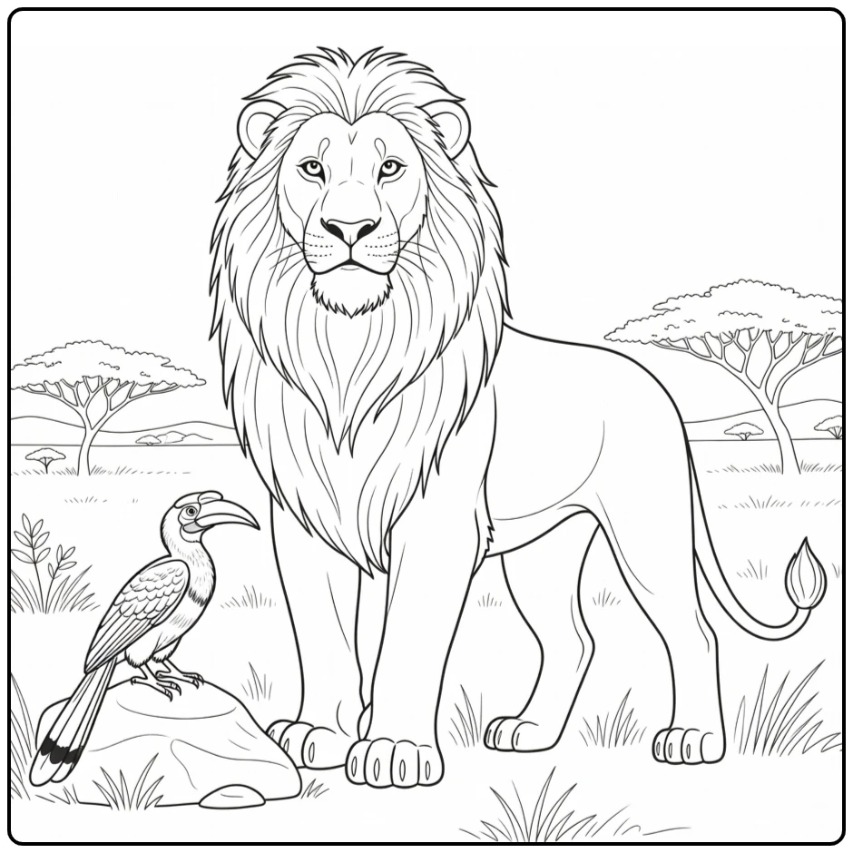 Mufasa kleurplaat met Zazu op rots in savanne (52 chars)