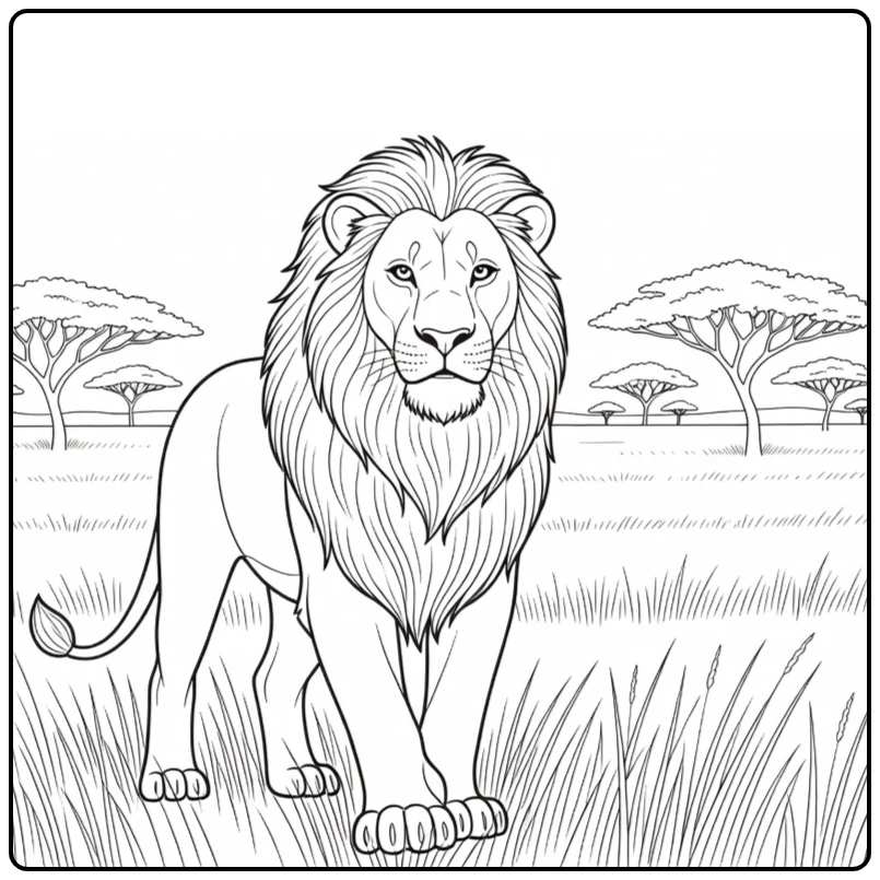 Mufasa kleurplaat: leeuw loopt zelfverzekerd door savanne met gras