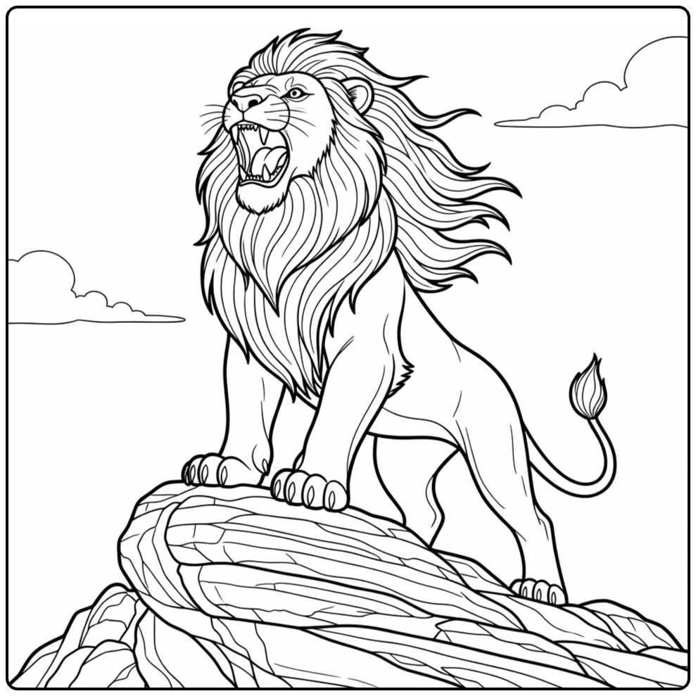 Mufasa kleurplaat: krachtig brullend op Trotsrots met wijd manen
