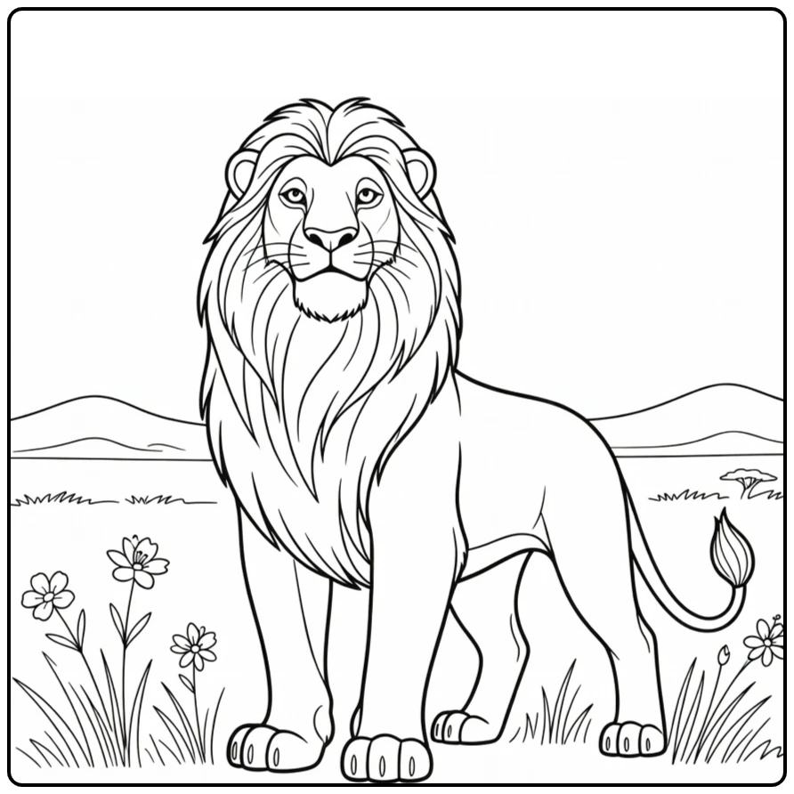 Mufasa kleurplaat: trotse leeuw met opgeheven kop onder hemel
