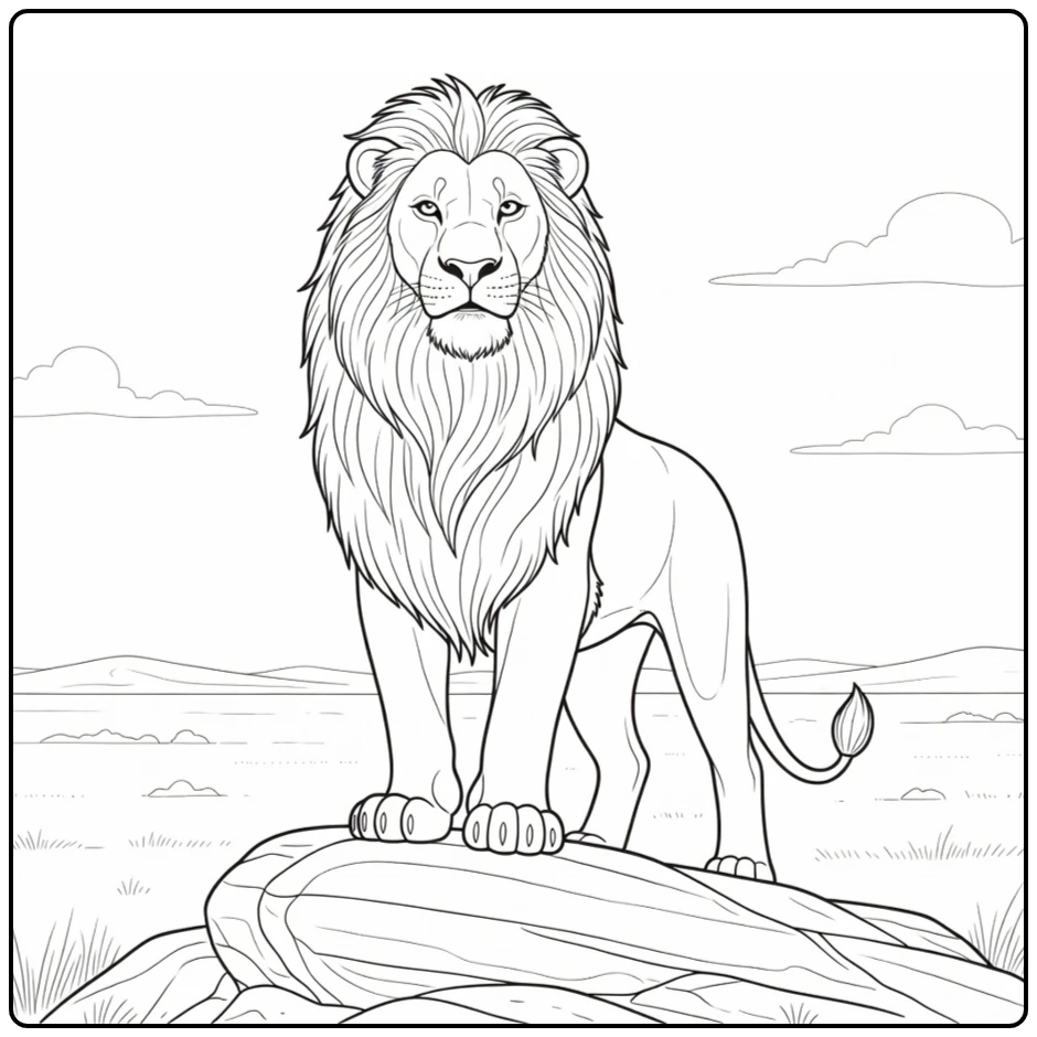 Mufasa kleurplaat: wijze leeuw op Trotsrots met savanne