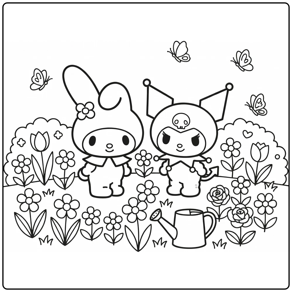 my melody and kuromi kleurplaat met bloemen gieter vlinders