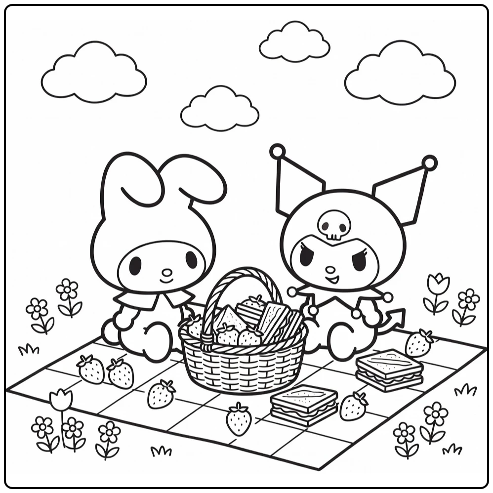 my melody and kuromi kleurplaat: picknick met aardbeien en mand