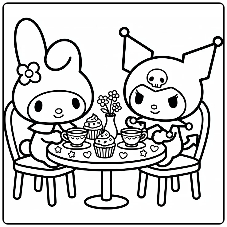 my melody and kuromi kleurplaat theepartij cupcakes