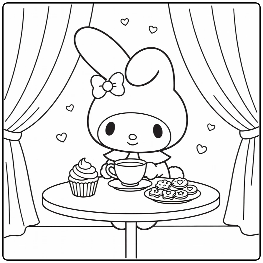 my melody cute kleurplaat theefeestje met kopje cupcake koekjes