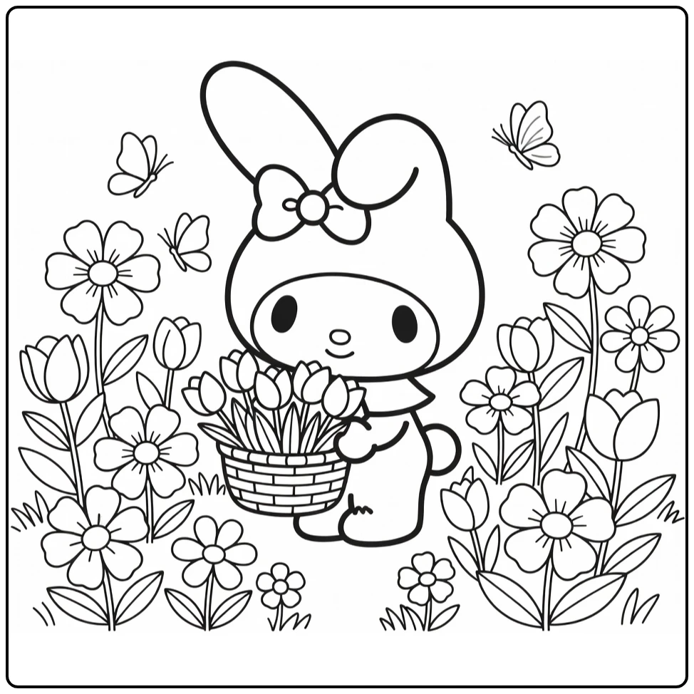 my melody cute kleurplaat met tulpenmand in bloementuin
