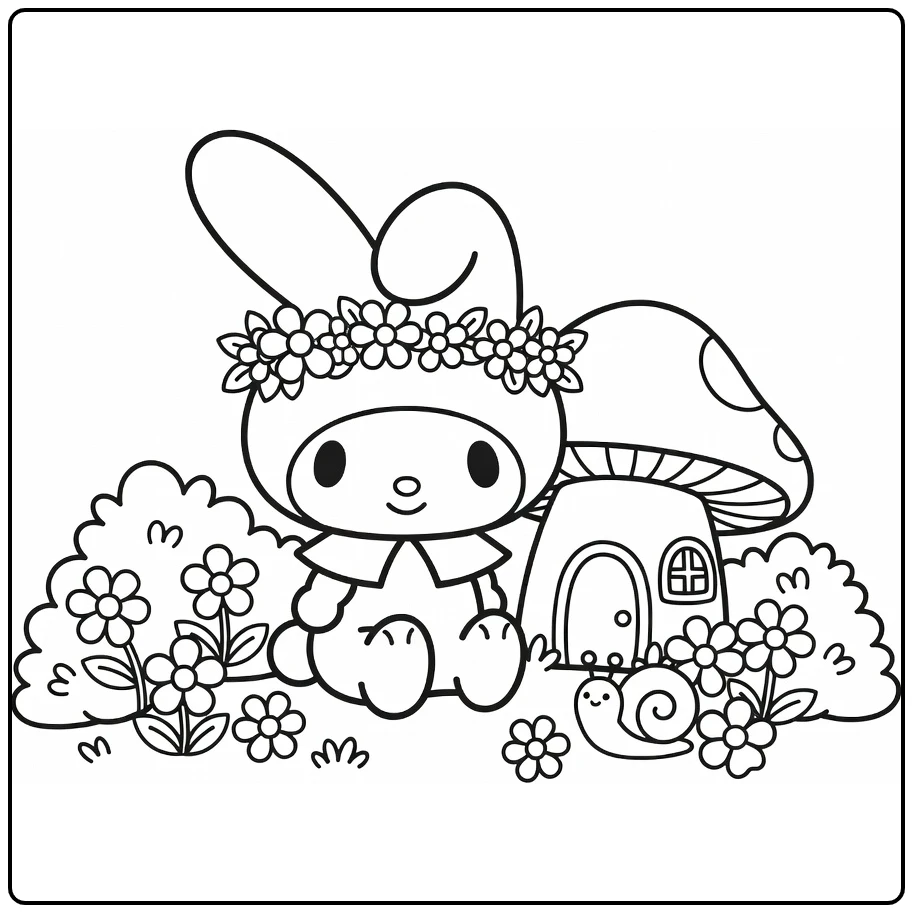 my melody cute kleurplaat met bloemkroon en paddenstoelhuis