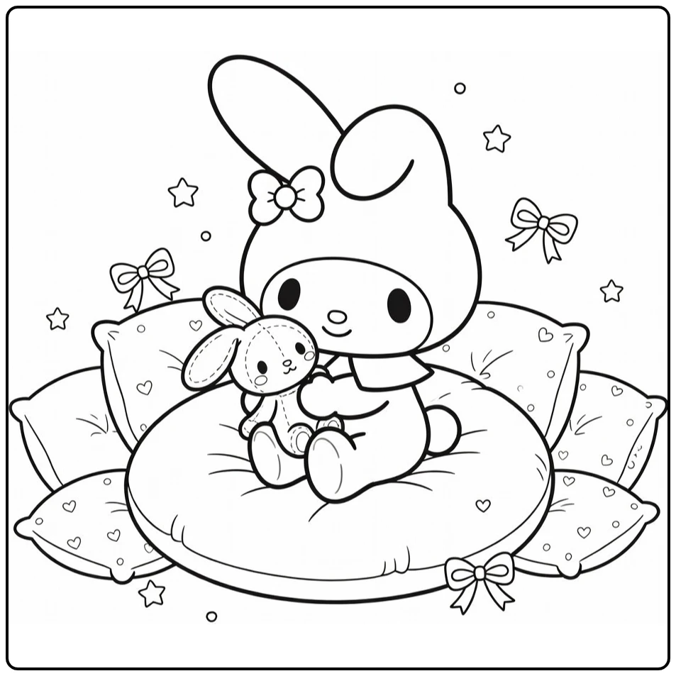 my melody cute kleurplaat knuffelt konijn op maan-kussen