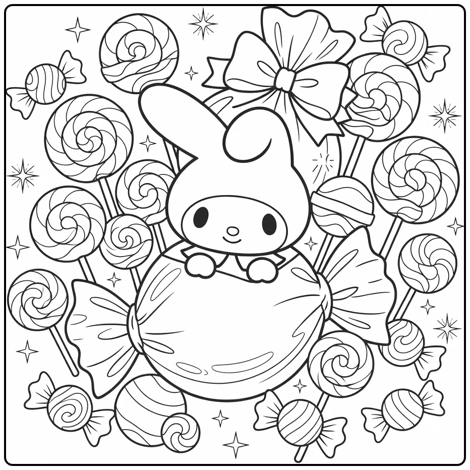 my melody cute kleurplaat: My Melody gluurt uit groot snoep met lolly's