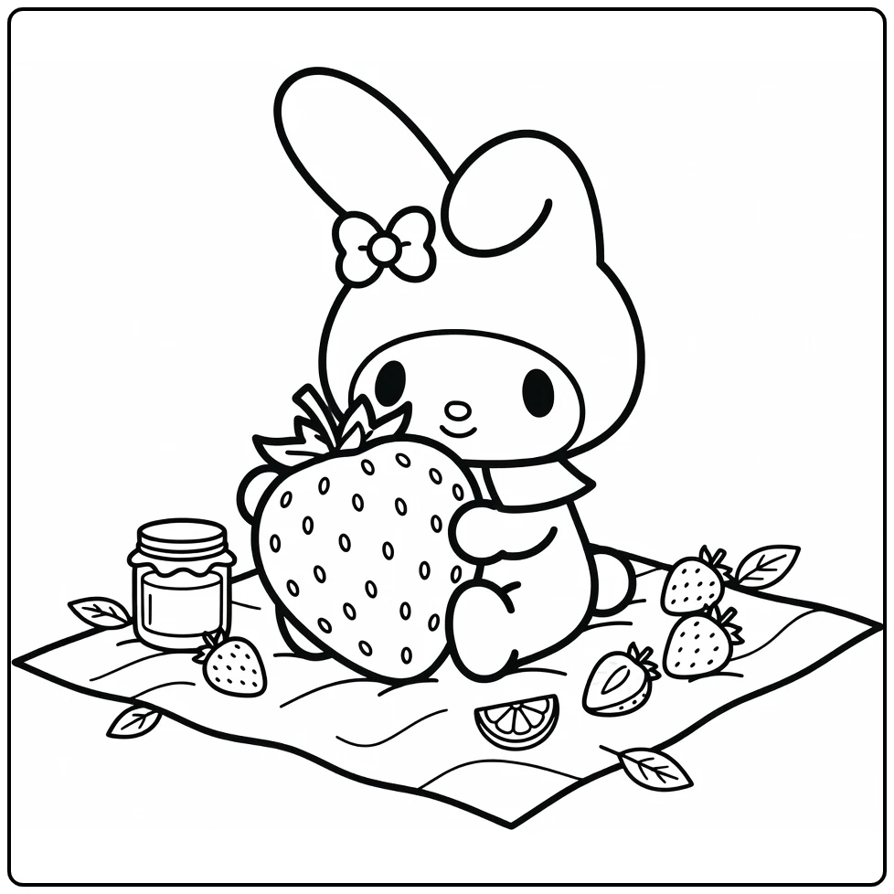 my melody cute kleurplaat: My Melody knuffelt grote aardbei