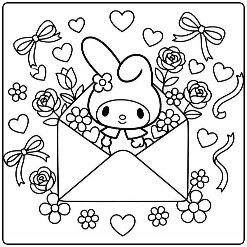 my melody cute kleurplaat: My Melody in open envelop met harten