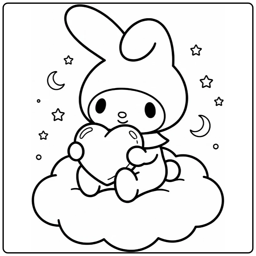 my melody cute kleurplaat: My Melody op pluizige wolk met hartkussen en sterren