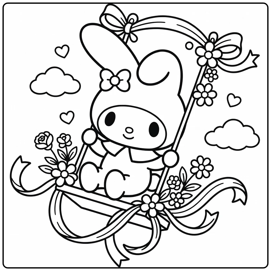 my melody cute kleurplaat: My Melody op schommel met linten